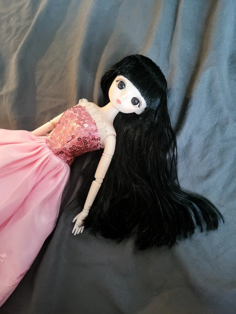 ANIME DOLL + SEQUINS PINK DRESS - HAS GLASS EYES & BLACK HAIR image indicator(8)