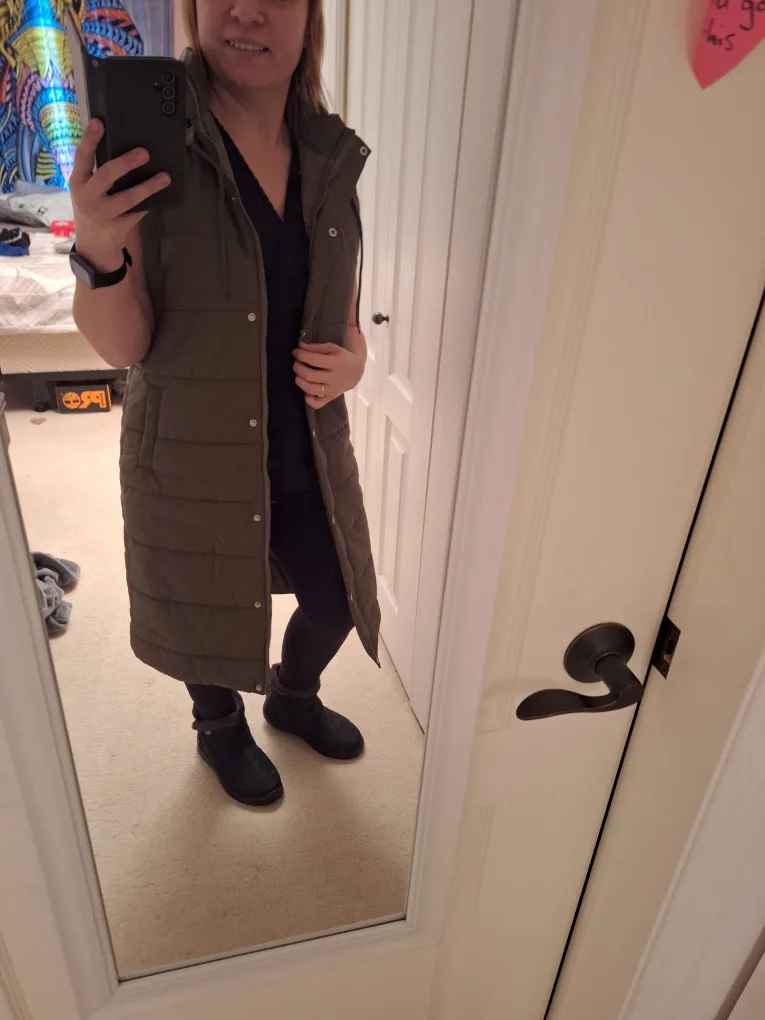 Long Olive Green Puffer Vest thumbnail