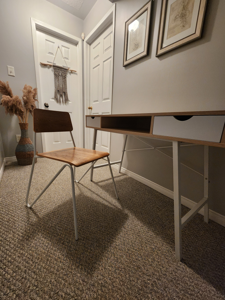 White and Wood Desk with Drawers & Chair