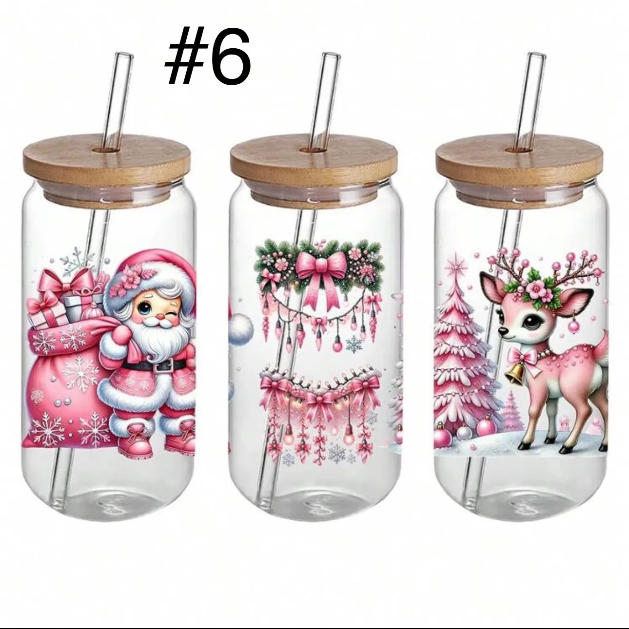 Christmas Themed Glass Tumblers with Straw and Bamboo Lid image indicator(3)
