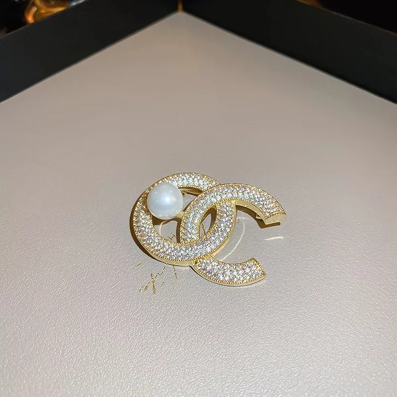 Gold Ch style Rhinestones and Pearl Brooch image indicator(2)