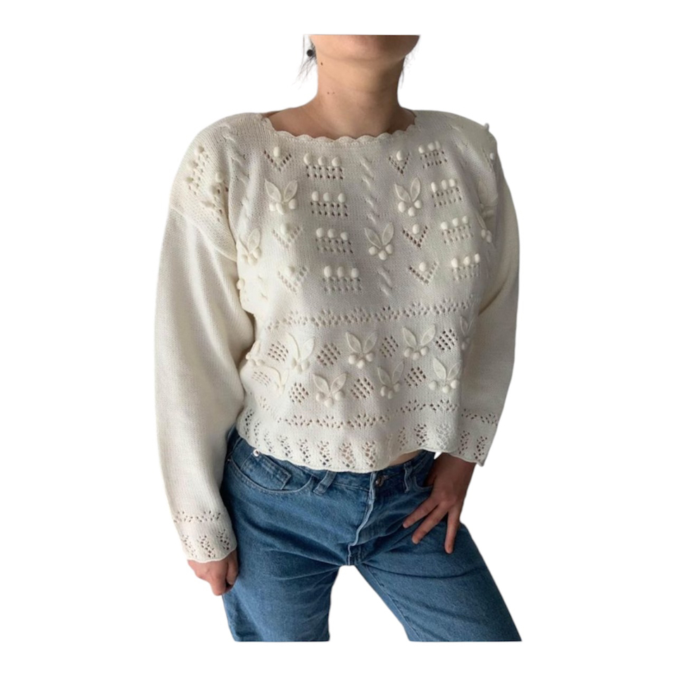 Vintage 80s Retro Cream Crochet Floral Sweater - photo 2