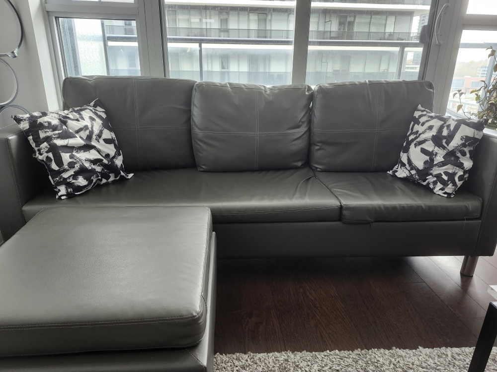 Grey Leather Sectional Sofa with Ottoman
