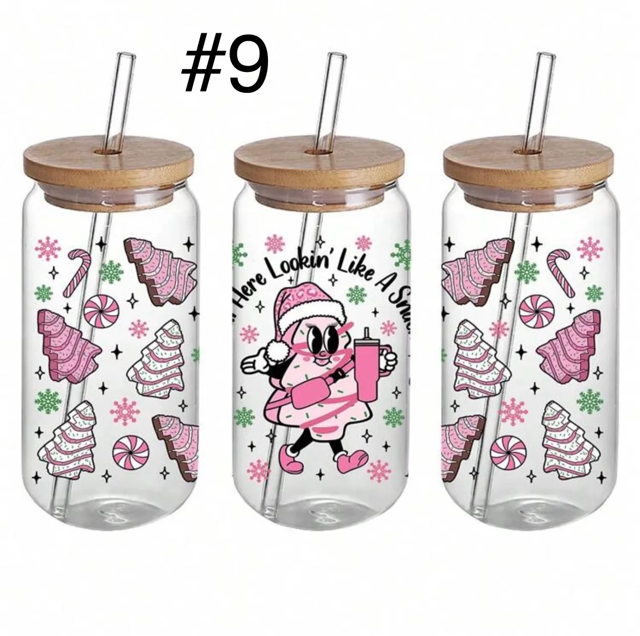 Christmas Themed Glass Tumblers with Straw and Bamboo Lid image indicator(6)