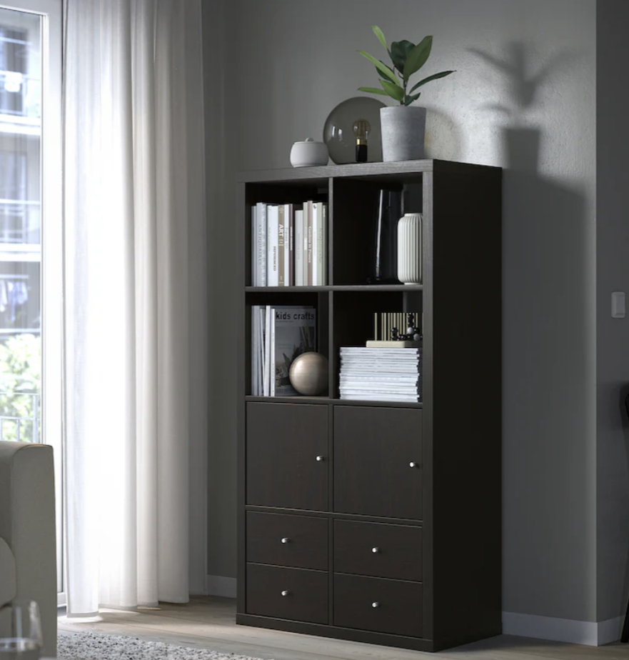 IKEA KALLAX- Shelf unit with 4 inserts, black-brown.