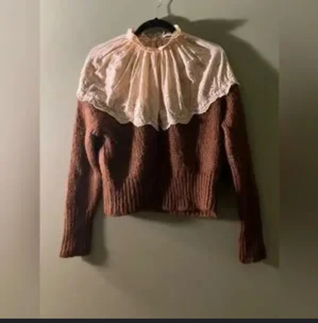 Brown and Beige Knit Sweater with Lace Detail image indicator(5)