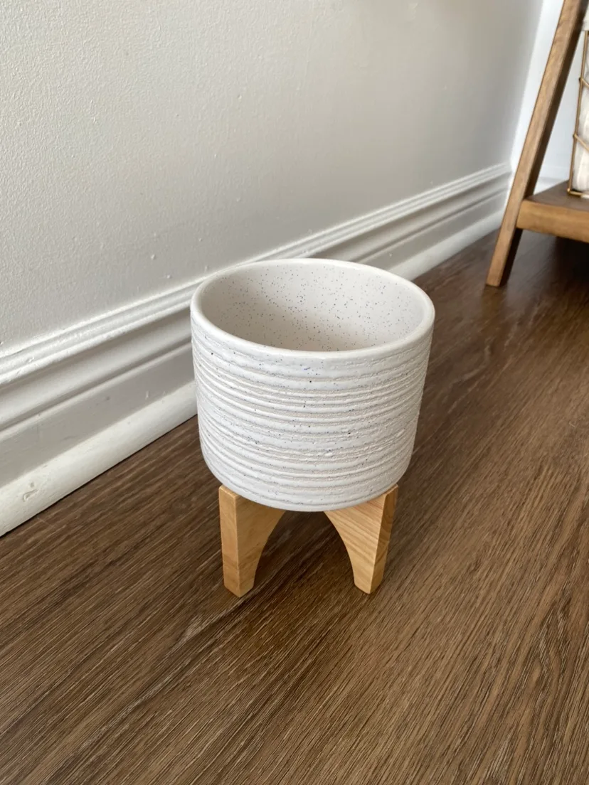 White Ceramic Planter with Wooden Stand image indicator(2)