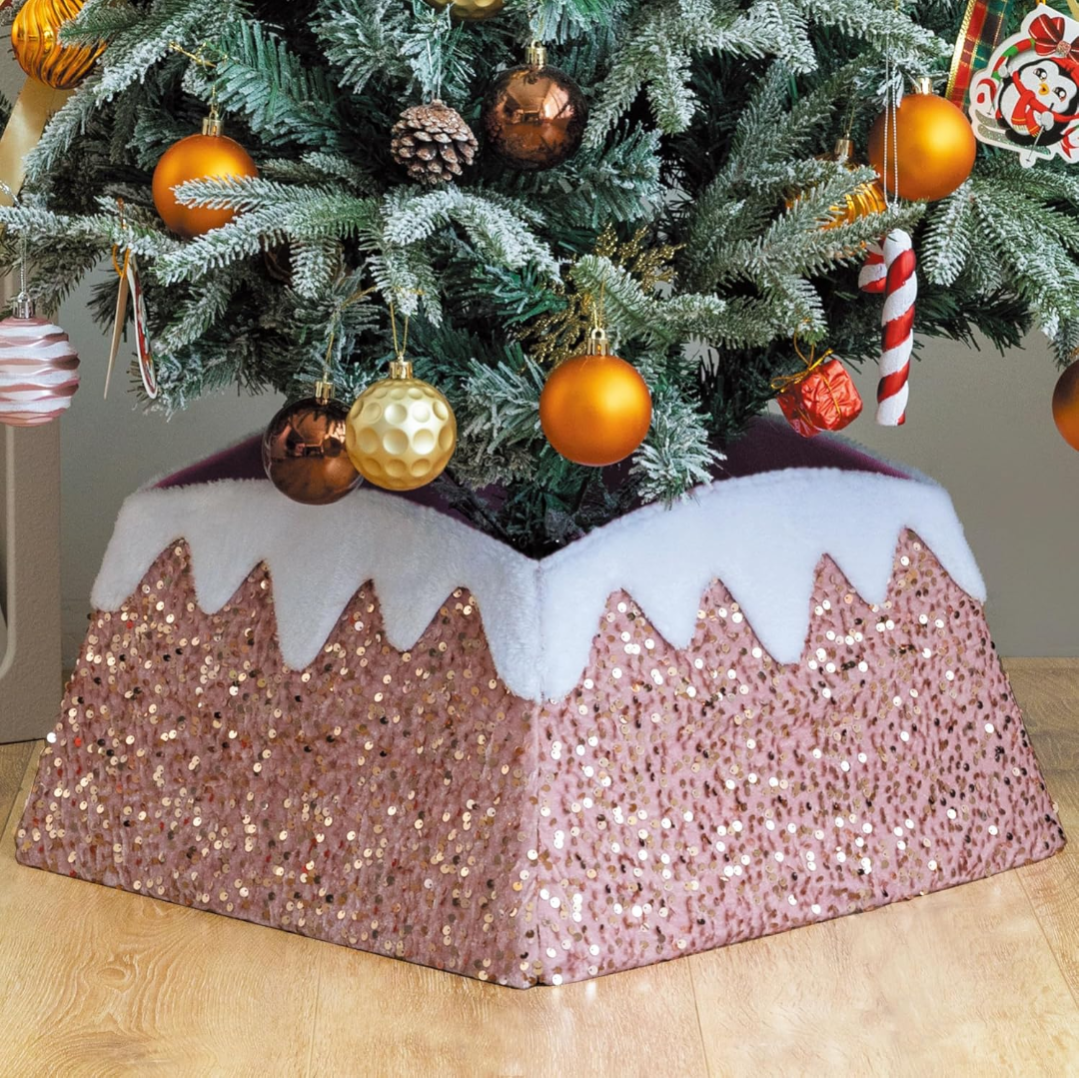 Pink Sequin Christmas Tree Skirt collar