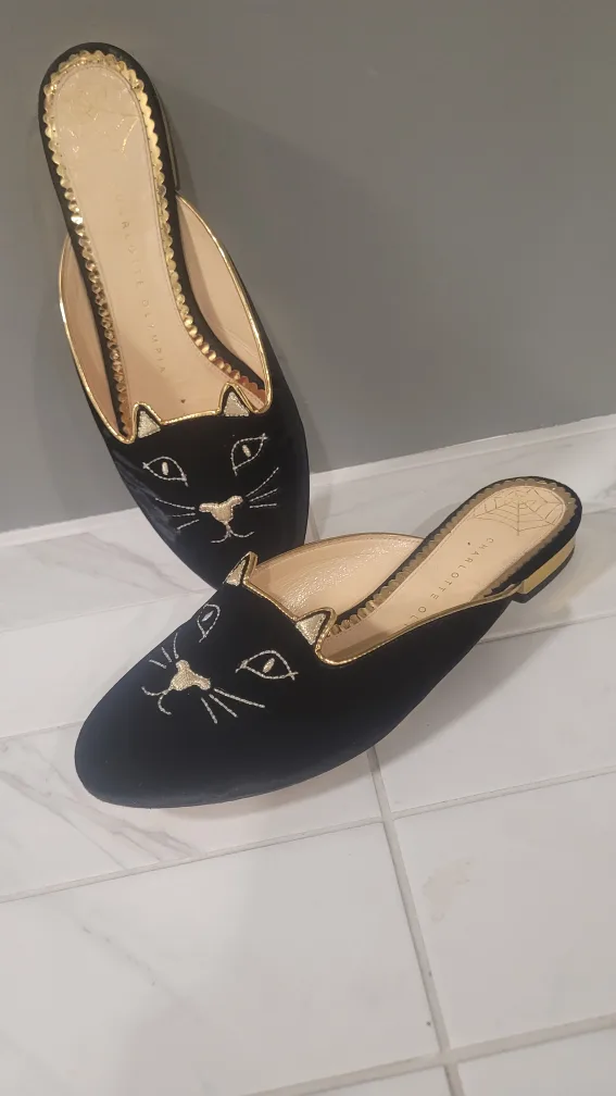 Authentic Charlotte Olympia Black Velvet Kitten Mules image indicator(2)