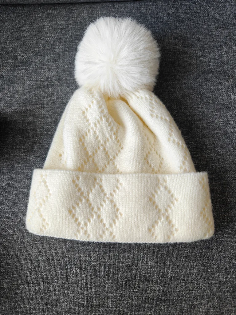 White Knit Beanie Hat With Faux Fur Pom Pom thumbnail