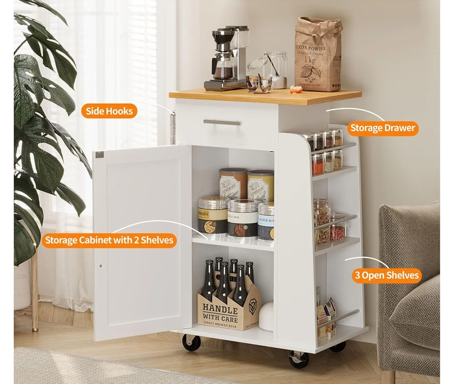 White Kitchen Trolley with Storage - photo 2
