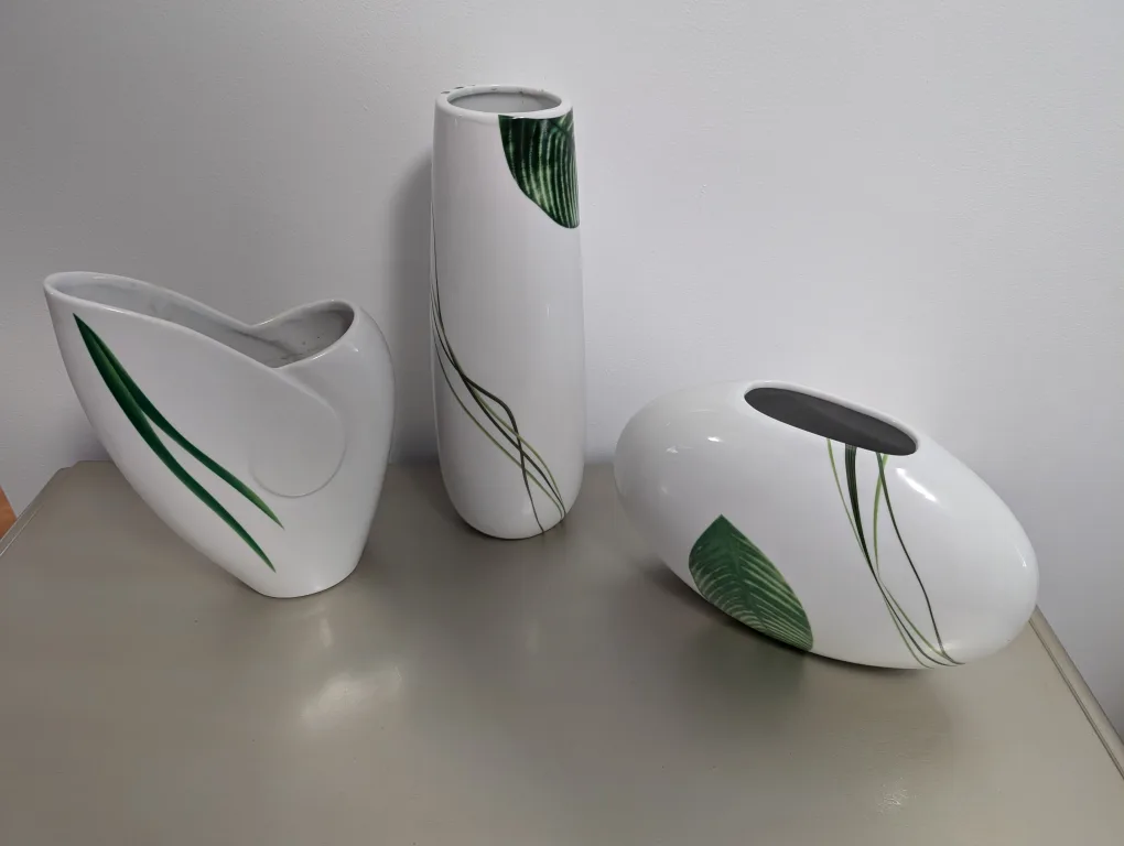 Set of 3 White Vases with Green Leaf Design thumbnail