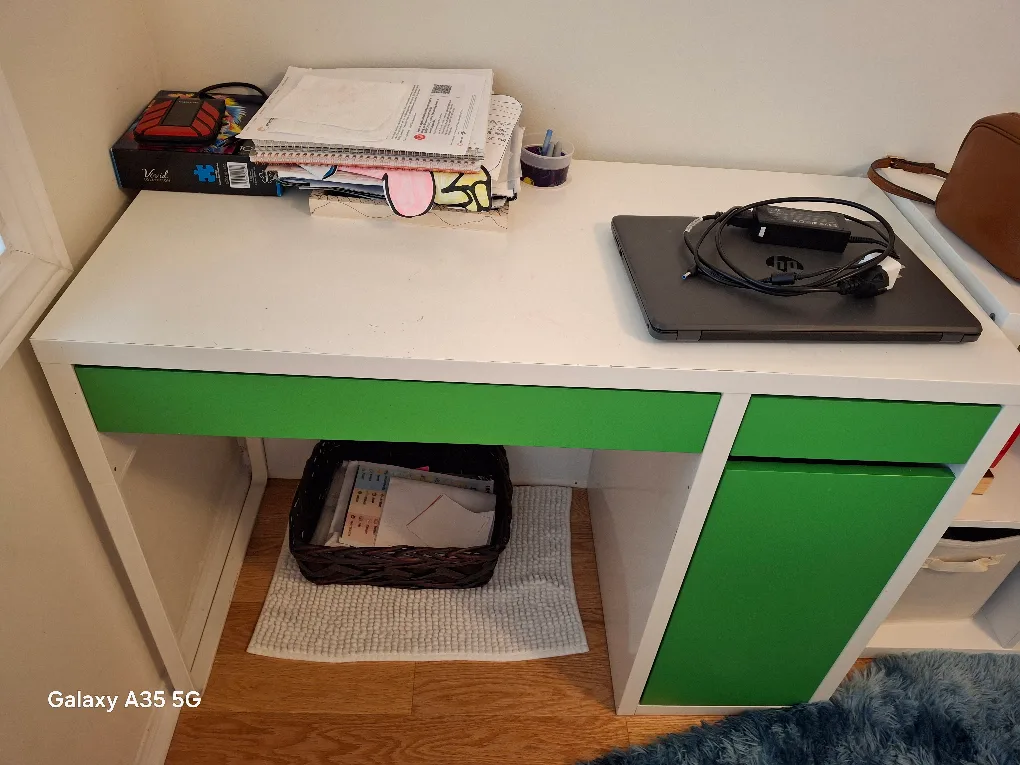 White Desk with Green Drawers thumbnail