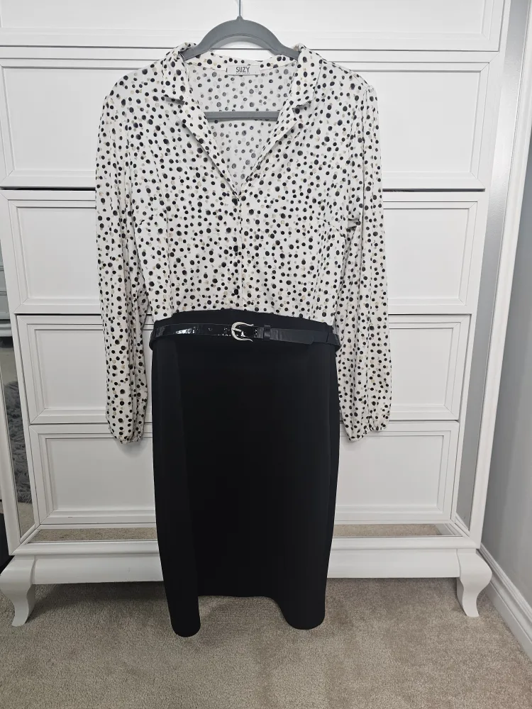 White and Black Polka Dot Blouse and Black Skirt dress image indicator(2)