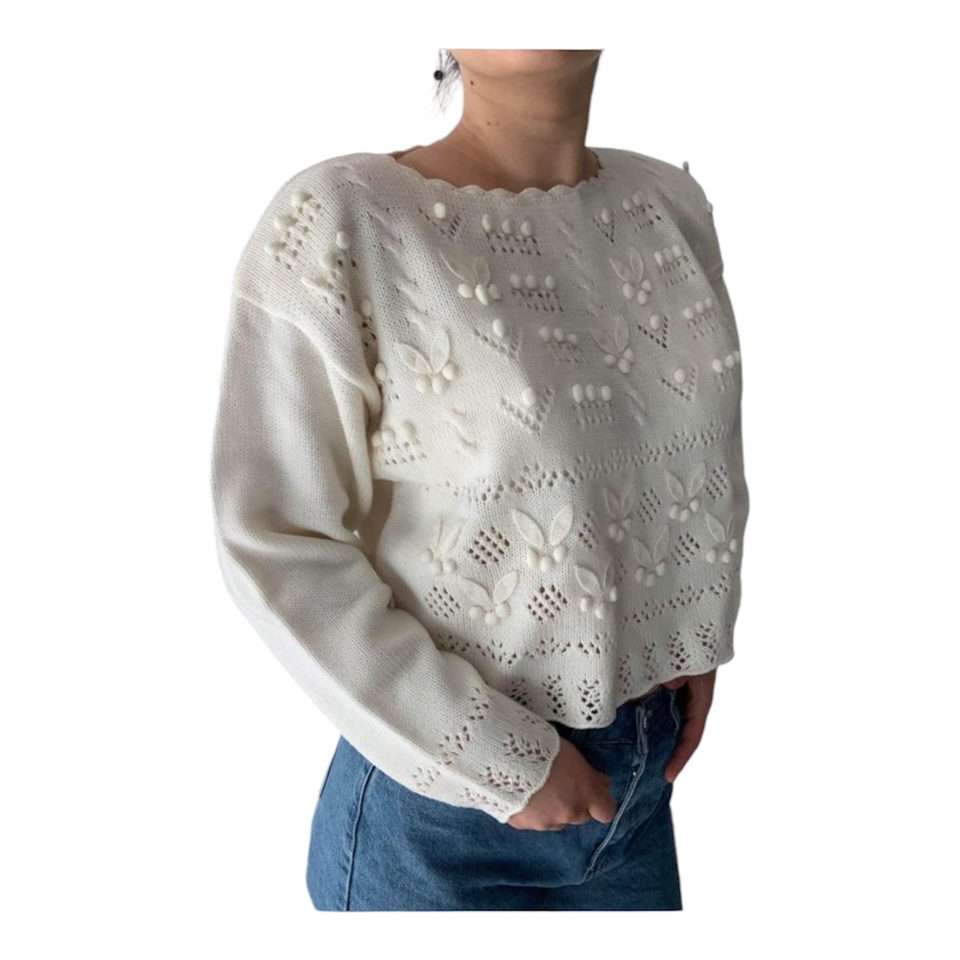 Vintage 80s Retro Cream Crochet Floral Sweater - photo 4