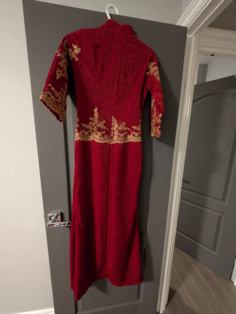 Red Chinese Dress with Gold Embroidery image indicator(3)