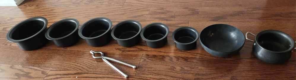 Set of 8 Cast Iron Pots and Tongs