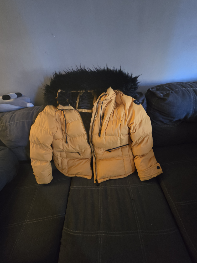 Yellow Puffer Jacket with Fur Hood