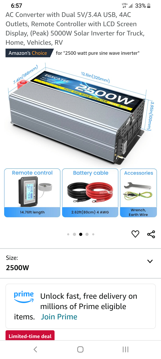 Solar 2500W Pure Sine Wave Inverter 12V DC to 120V AC Converter - photo 2