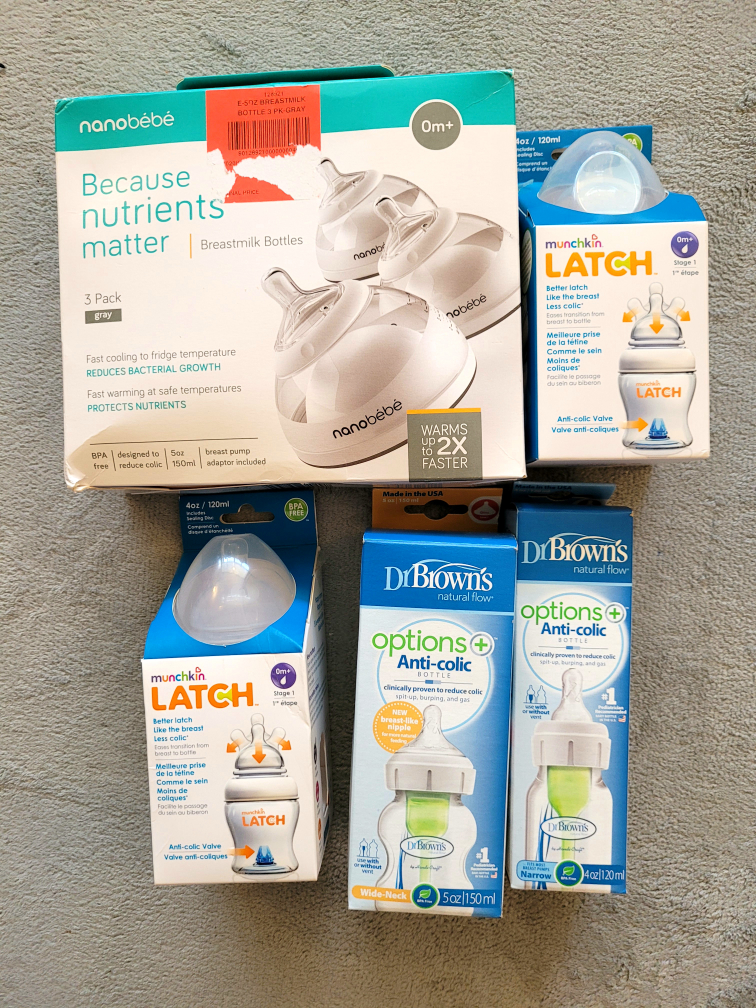 Set of Breastmilk Baby Bottles nanobebe, munchkin, Dr Browns