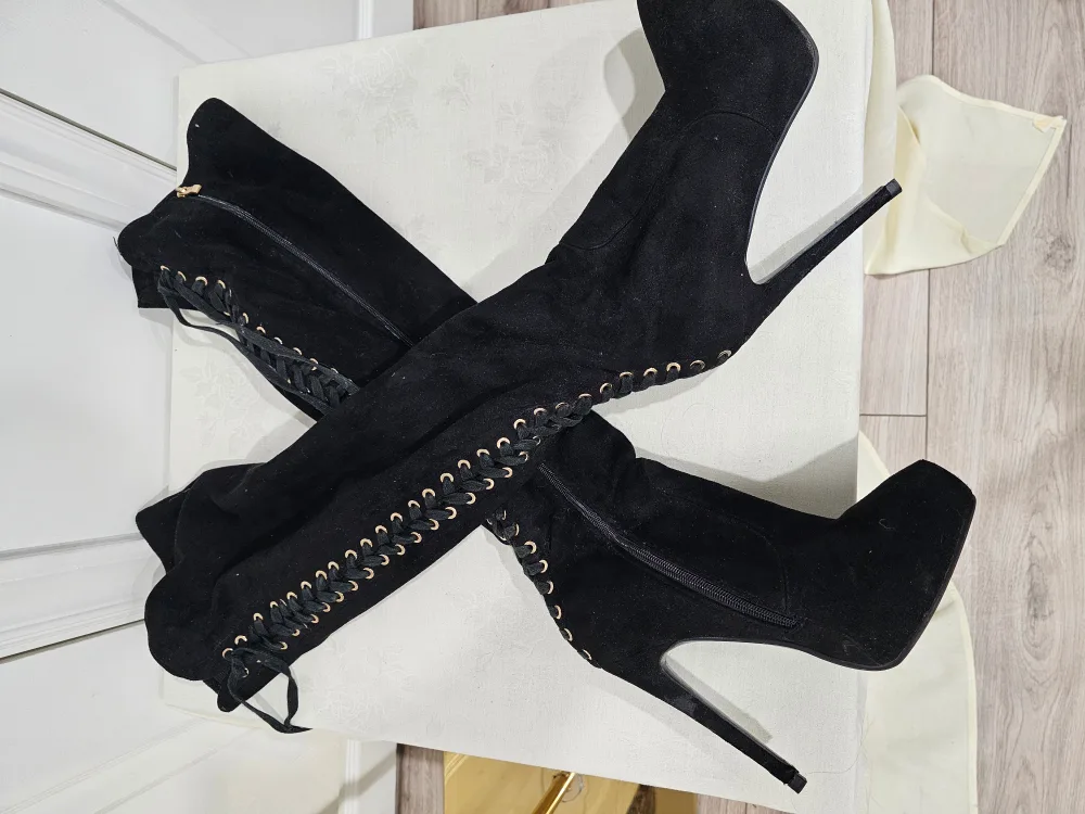 Black Suede Over-the-Knee Boots with Lace-Up Detail thumbnail