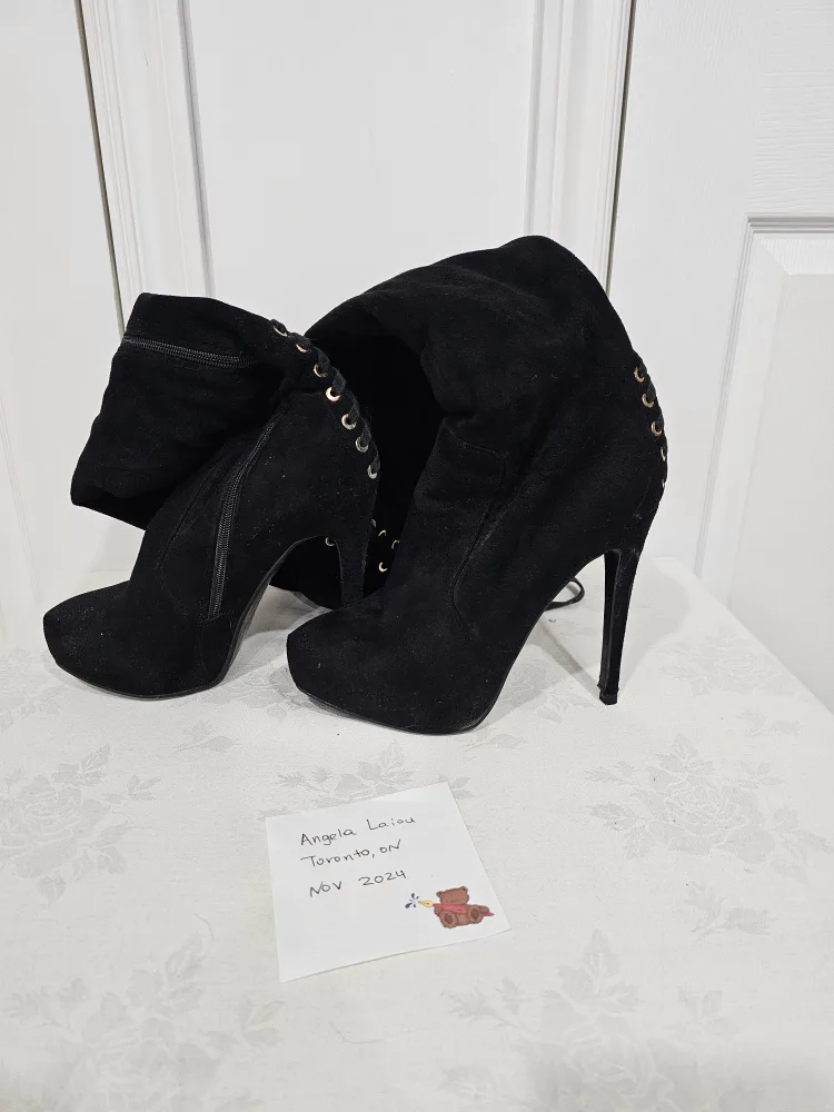 Black Suede Over-the-Knee Boots with Lace-Up Detail image indicator(2)