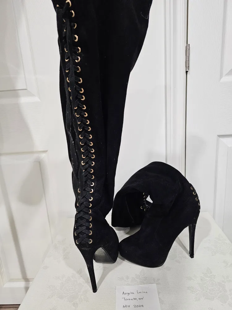 Black Suede Over-the-Knee Boots with Lace-Up Detail image indicator(3)