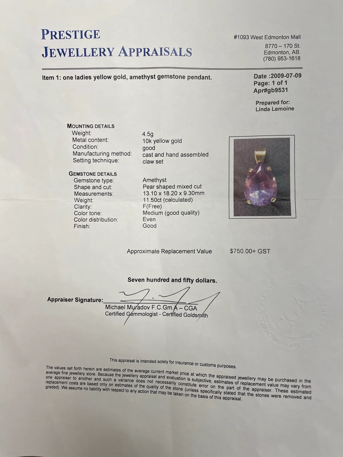 10k Yellow Gold Amethyst Pendant image indicator(5)