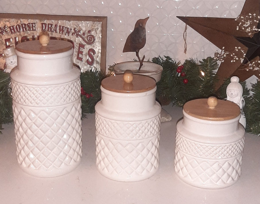 White Ceramic Canisters with Wooden Lids - Set of 3