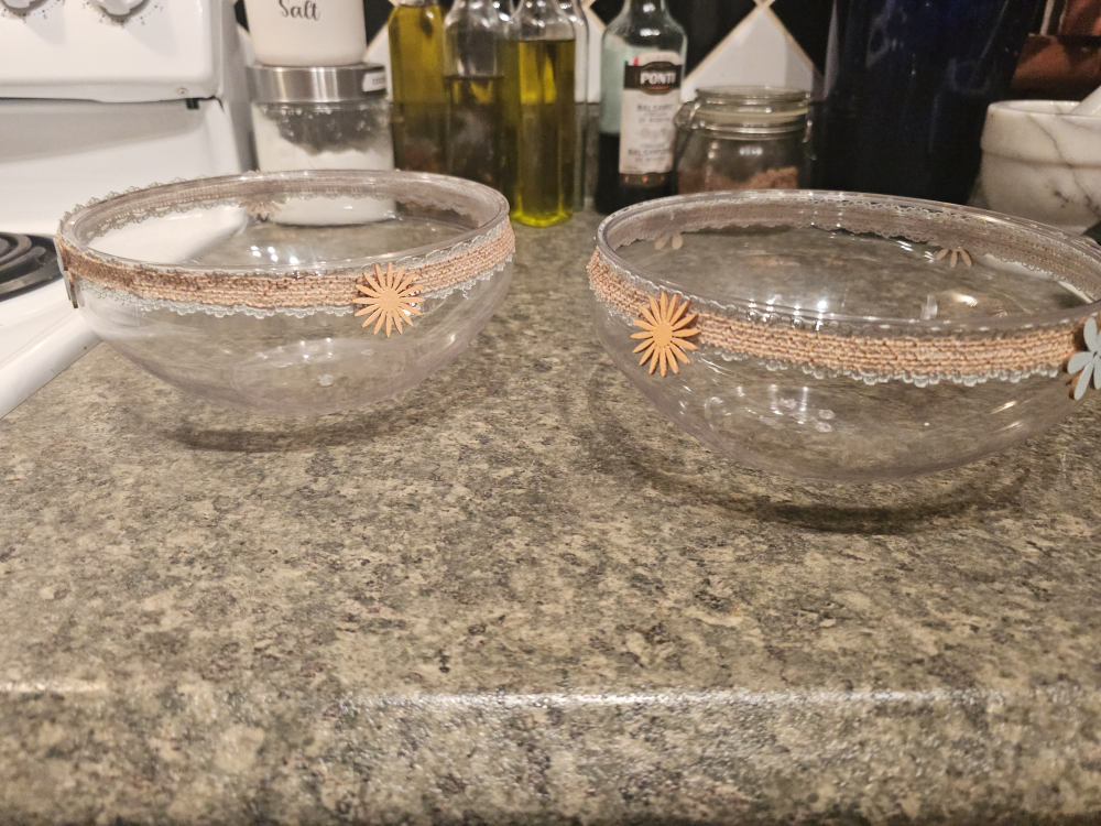 Two Clear Plastic Bowls with Burlap and Flower Decor - photo 2