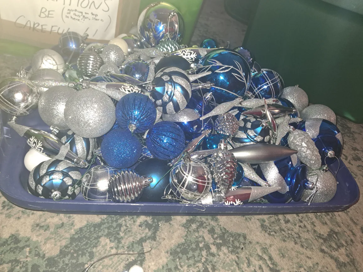 silver, blue and white christmas decor and ornaments thumbnail