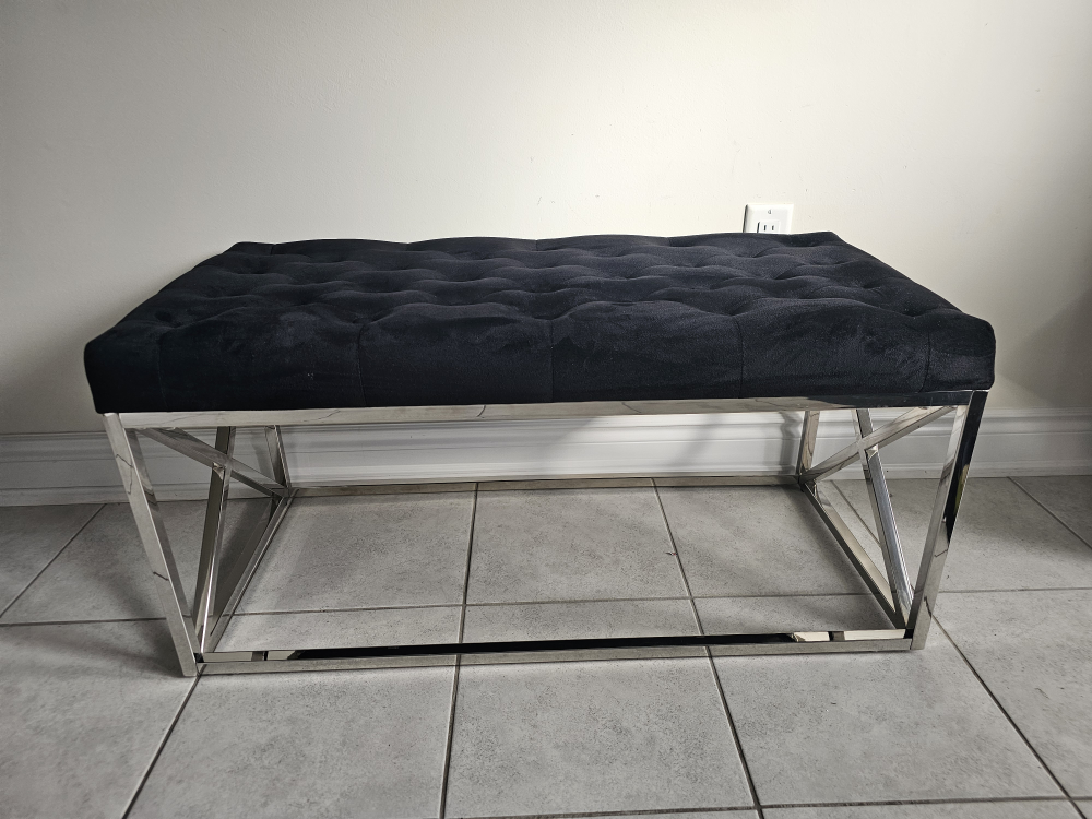 Black Velvet Upholstered Bench with Silver Legs