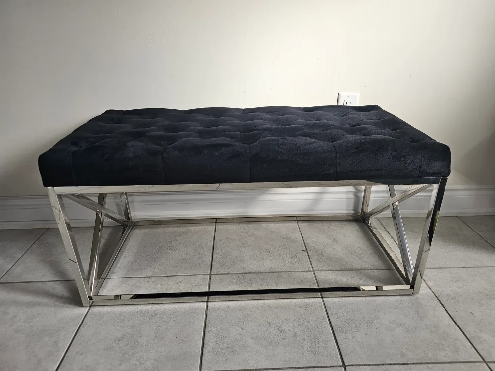Black Velvet Upholstered Bench with Silver Legs
