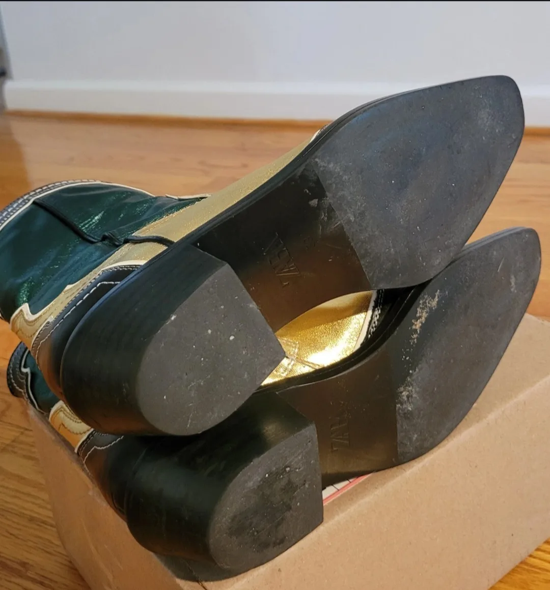 Zara Green Gold Cowboy Boots, size 7.5 US image indicator(7)