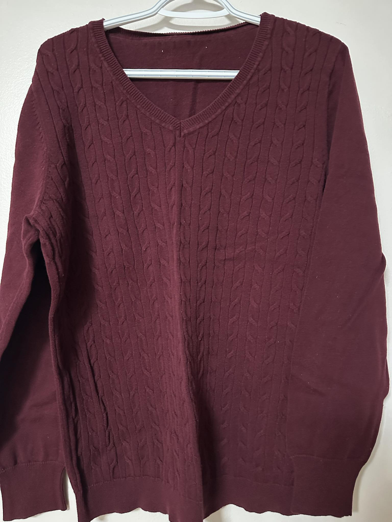 Burgundy Cable Knit V-Neck Sweater