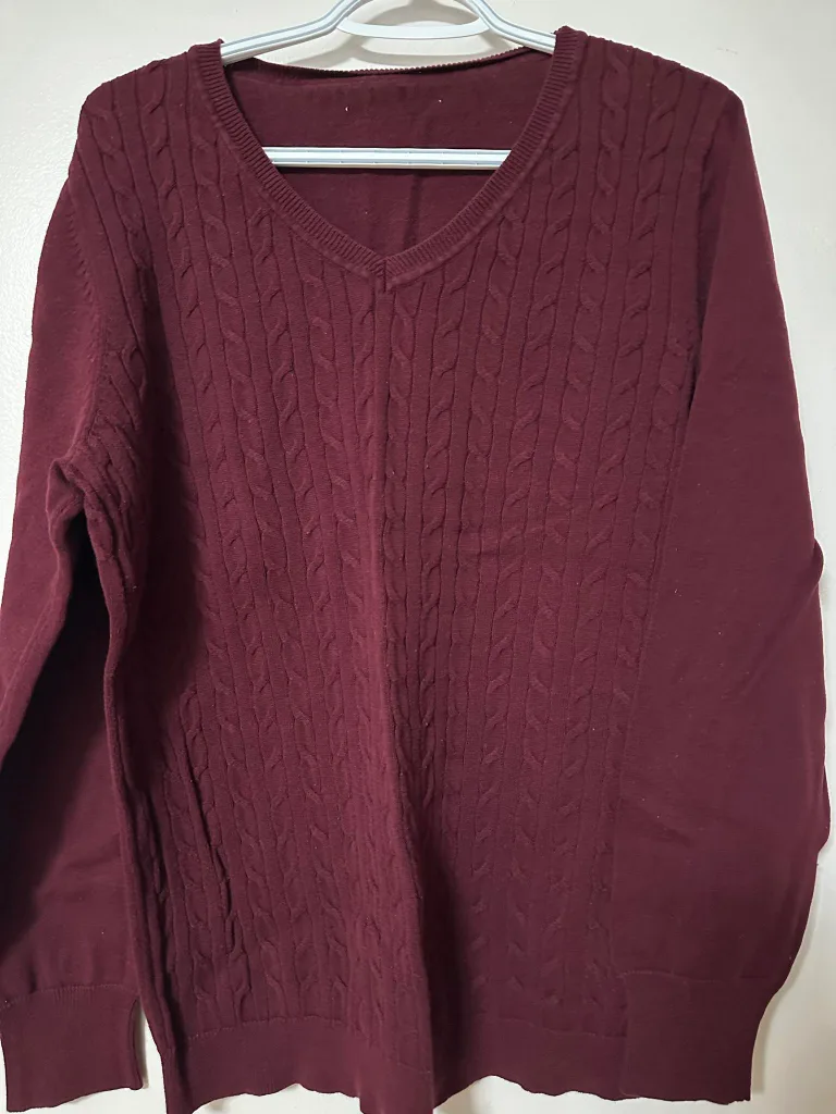 Burgundy Cable Knit V-Neck Sweater thumbnail