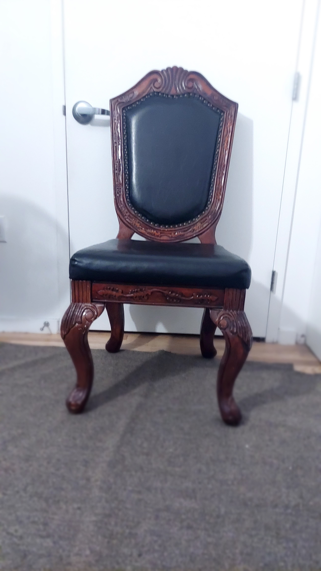 🥕 Carved Wooden Dining Chair with Black Leather Seat