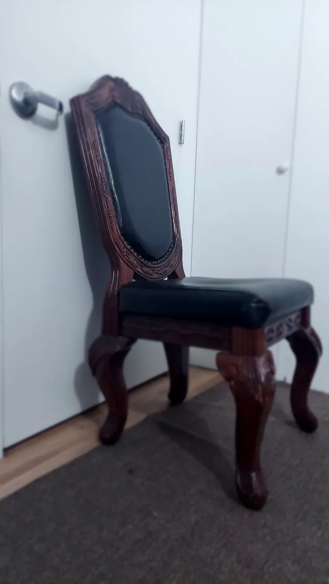 🥕 Carved Wooden Dining Chair with Black Leather Seat image indicator(2)