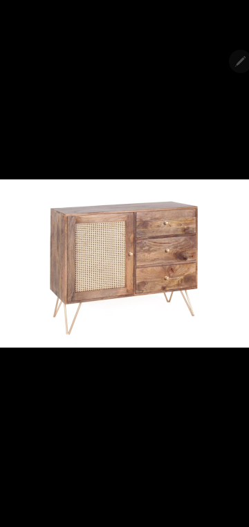 Wood And Cane Cabinet With 1 Door + 3 drawers