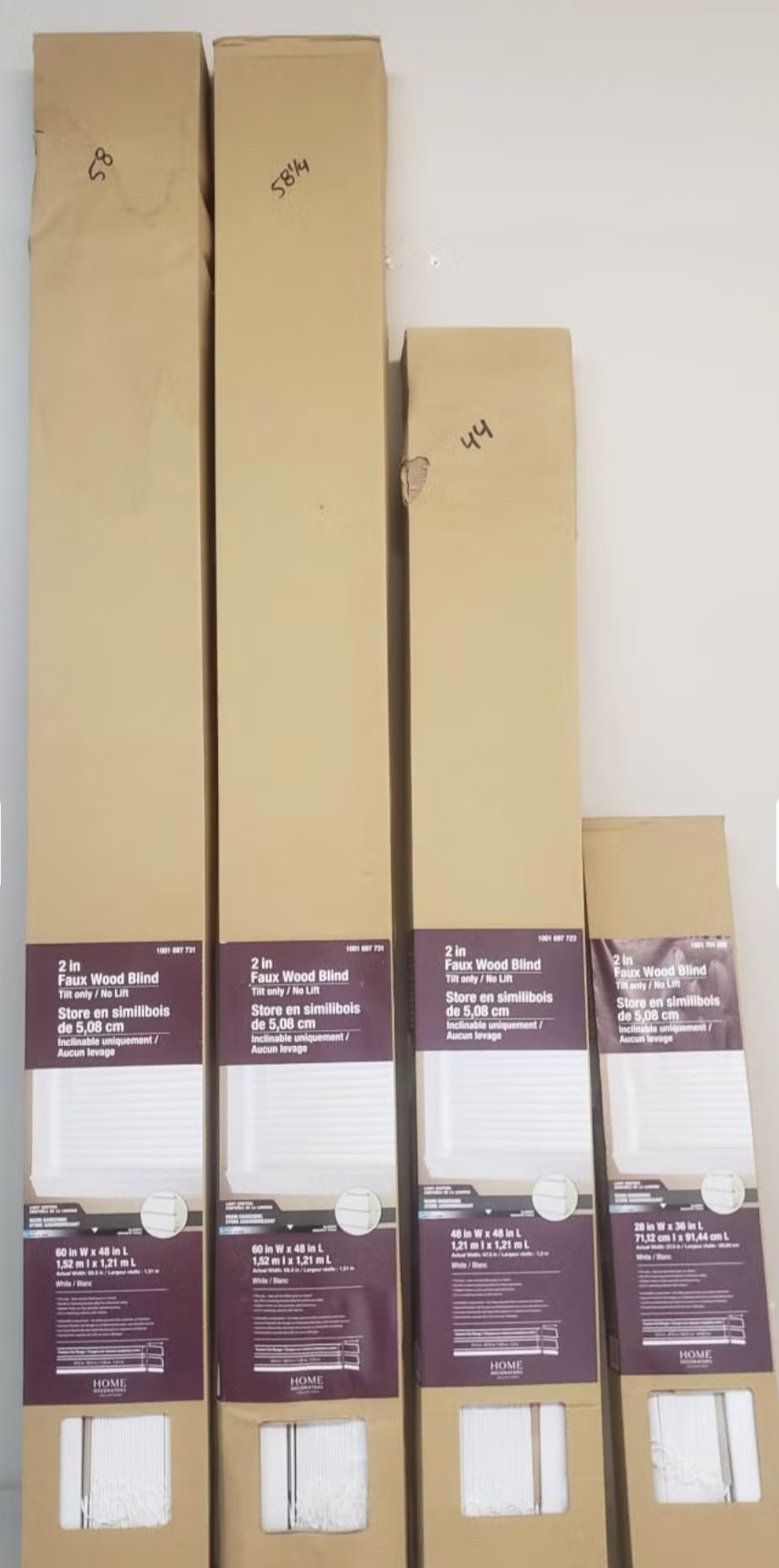 4 New Faux Wood Blinds 2" Tilt Only - 58.25", 58", 44", 28’