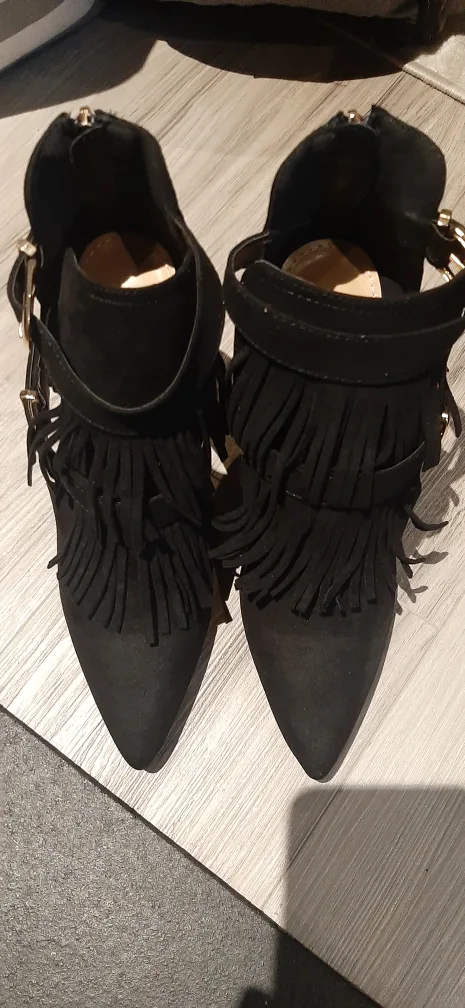 Black Suede Buckle Fringe Booties NEW image indicator(2)