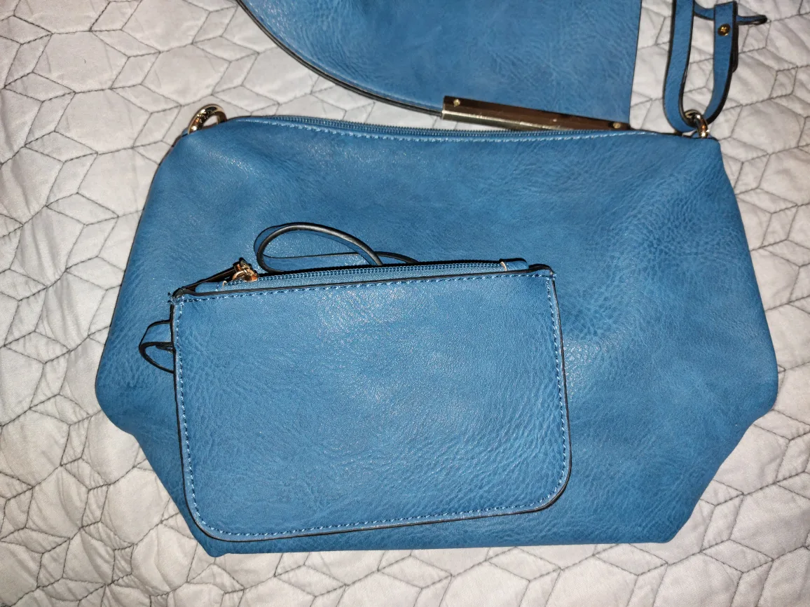 Blue Faux Leather Tote Bag with Matching Wristlet NEW image indicator(3)