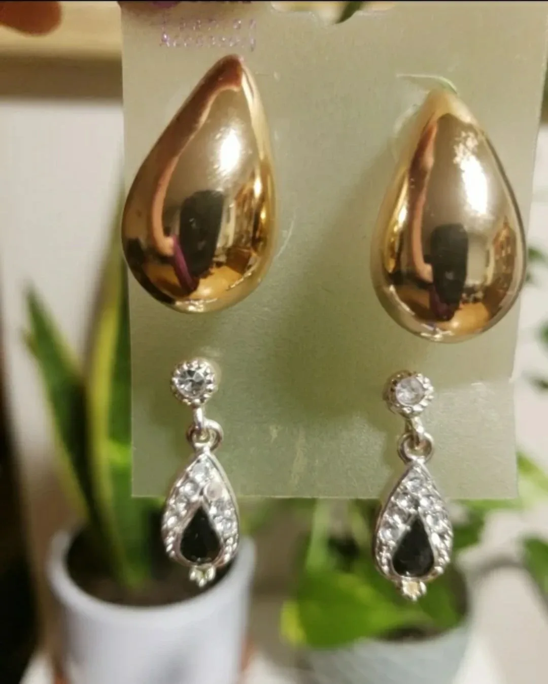 Gold Tone Teardrop Earring with black and white rhinestones image indicator(2)