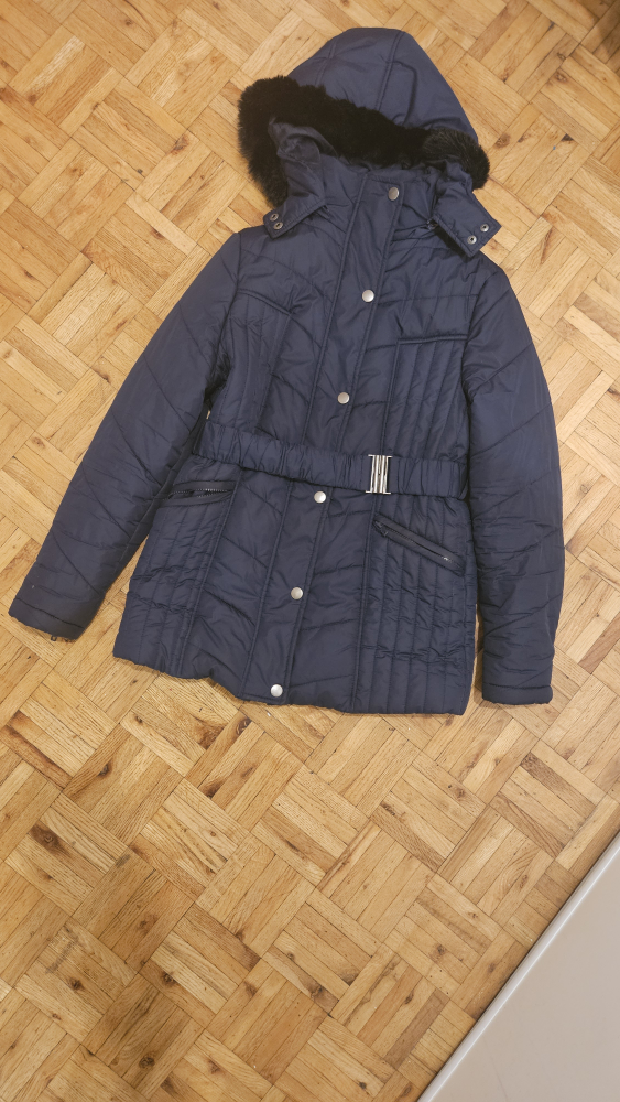 Women's Navy Blue Puffer Jacket with Faux Fur Hood