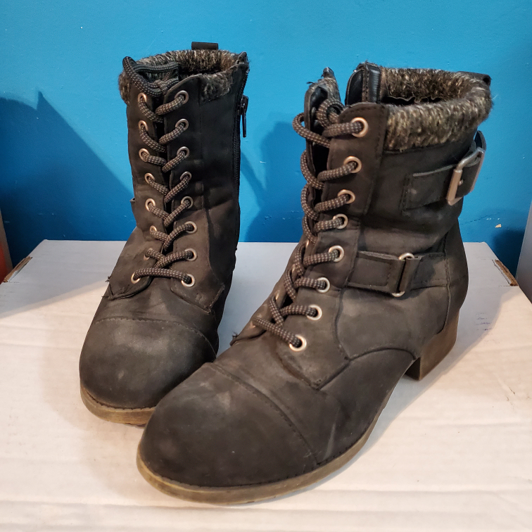 Black Faux Leather Boots with Buckle Detail