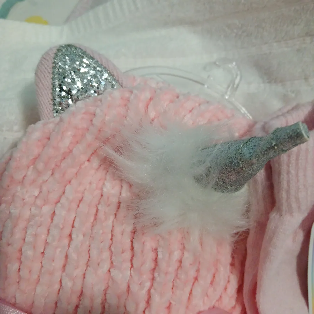 NEW 3pc set pink Unicorn winter knit hat, scarf, gloves set image indicator(3)