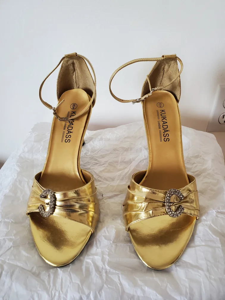 Gold 3" Heeled Shoe with Rhinestone Detail image indicator(2)