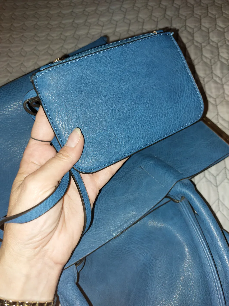 Blue Faux Leather Tote Bag with Matching Wristlet NEW image indicator(5)