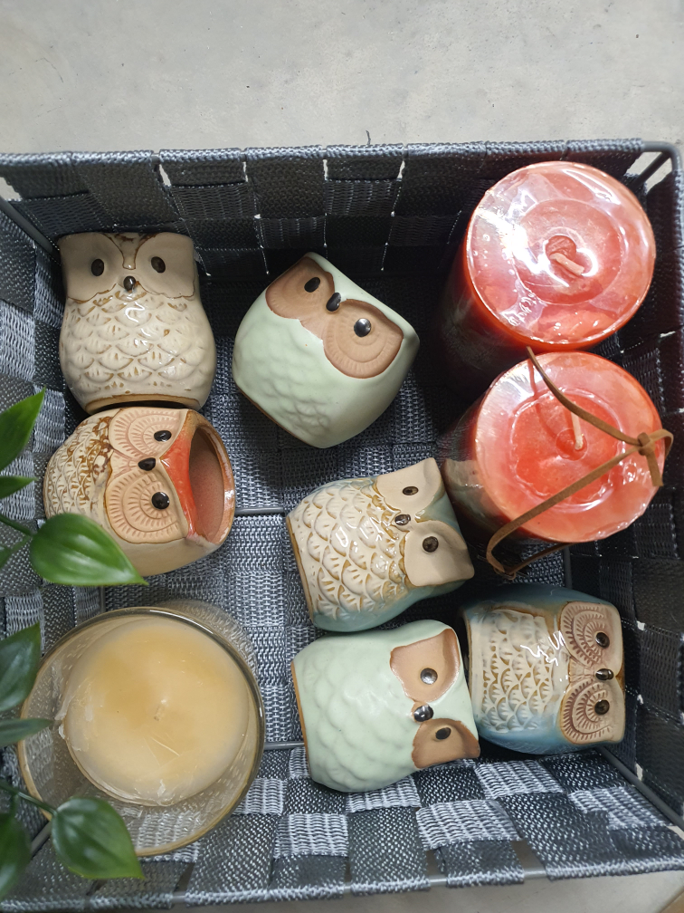 fake plants, candles, and glass mini owls for decoratio - photo 2