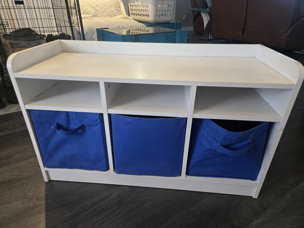 White Storage Shelf with Blue Bins